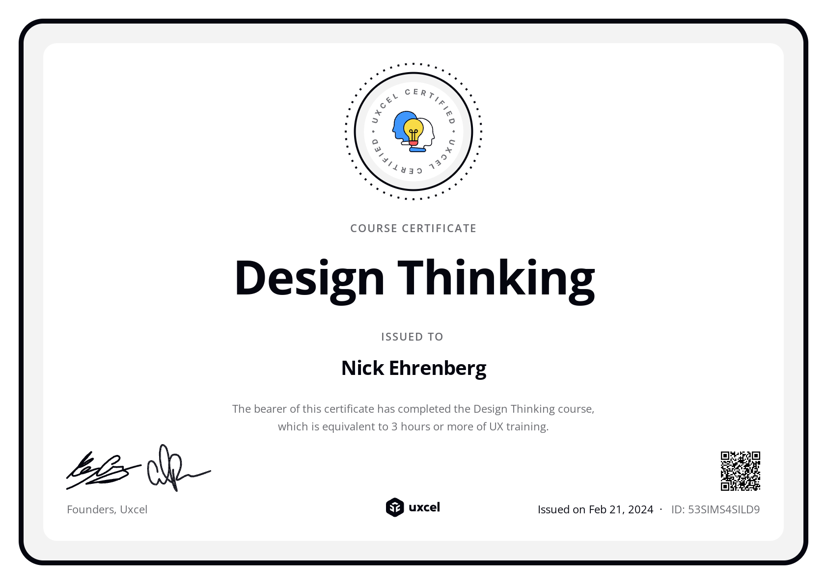 Nick Ehrenberg's certificate